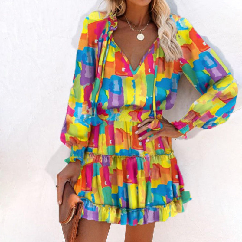 Women's Bohemian Print V-Neck Long Sleeve Dress - Flowy Beach Dress With Elastic Waist