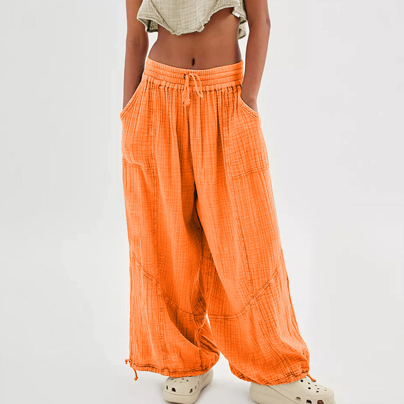 Women's Solid-color Wide-leg Pants With Elastic Drawstring Waist Elasticized Leg Cuffs Side Pockets For Spring&Fall Fashionable Simple Wear