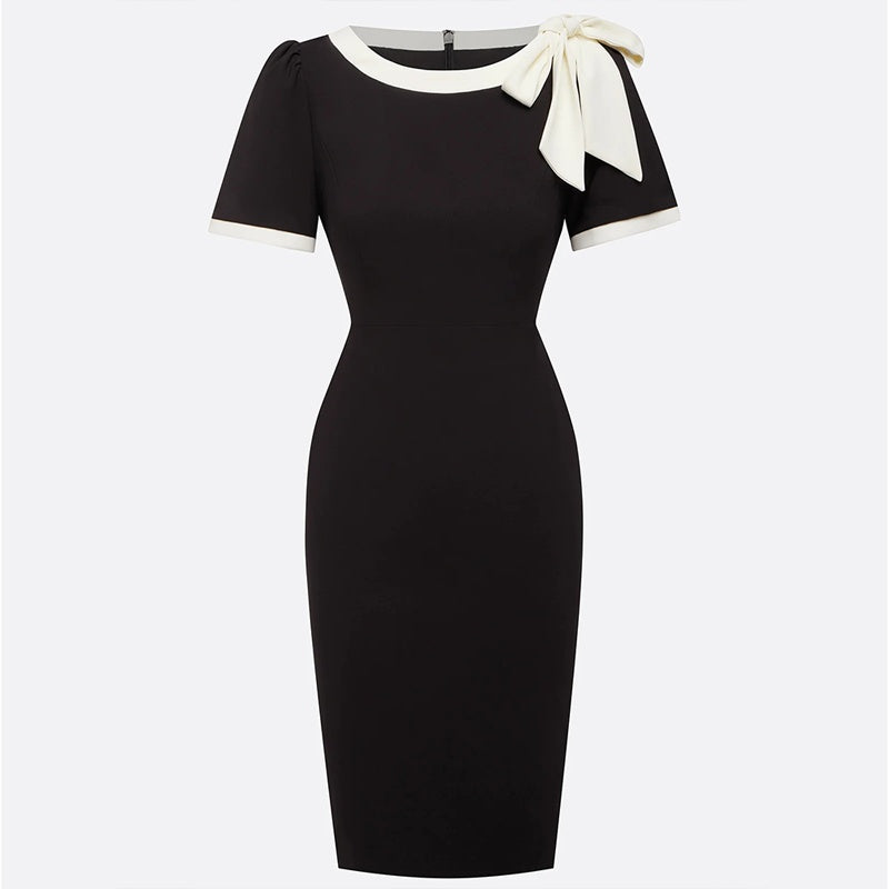 Women's Round Neck Bow Knot Contrast Color Bodycon Knee-Length Short Sleeve Dress Summer Party & Banquet Dress