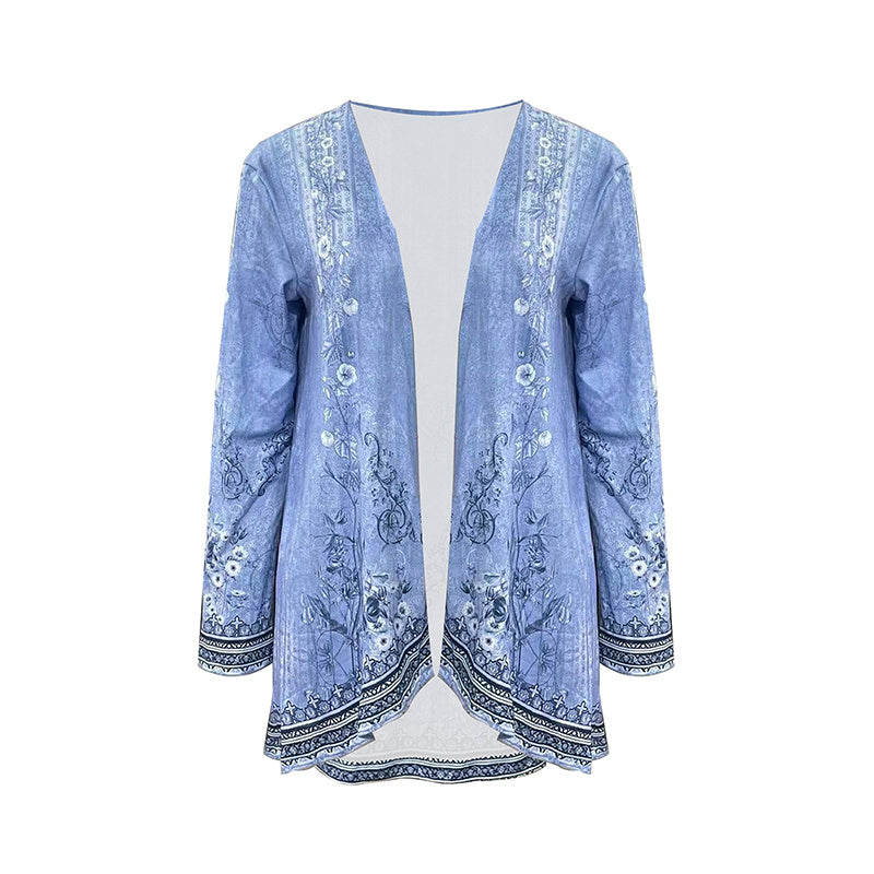 Women's Botanical Print Long Sleeve Cardigan - Asymmetrical Hem Open Front Casual Top