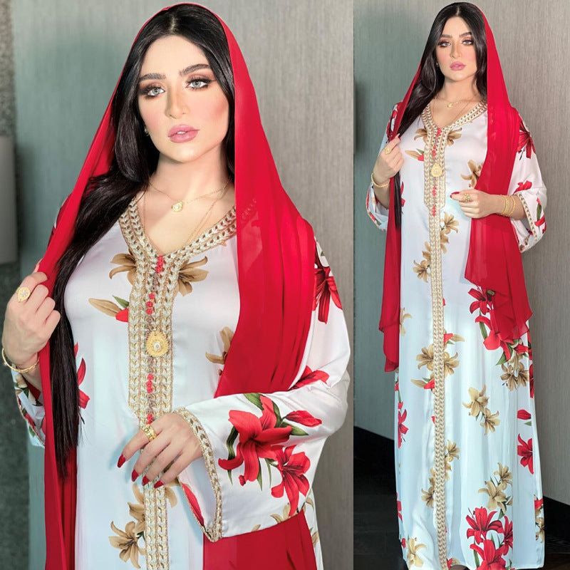 Arabian Women's Printed Dress Lace Webbing