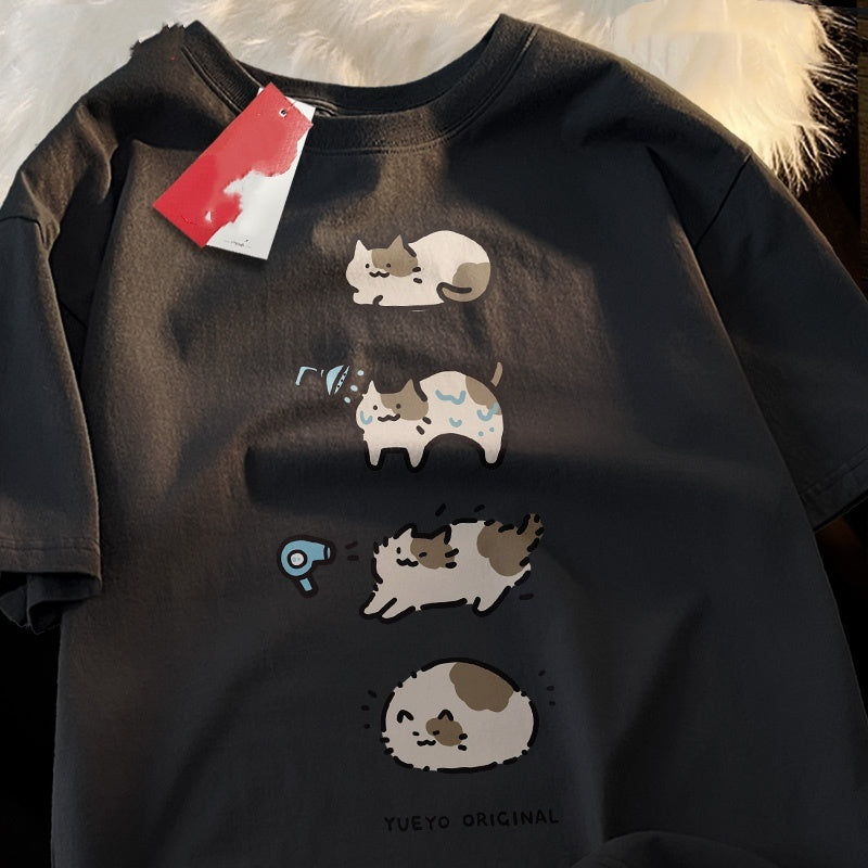 Bath Cat Cute Cartoon Short Sleeve T-shirt Men's Casual Loose