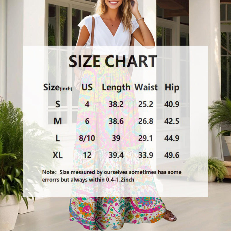 Women's Color Block Floral Print Maxi Skirt With Elastic Drawstring Waist - Bohemian Beach Skirt For Spring&Summer Vacation