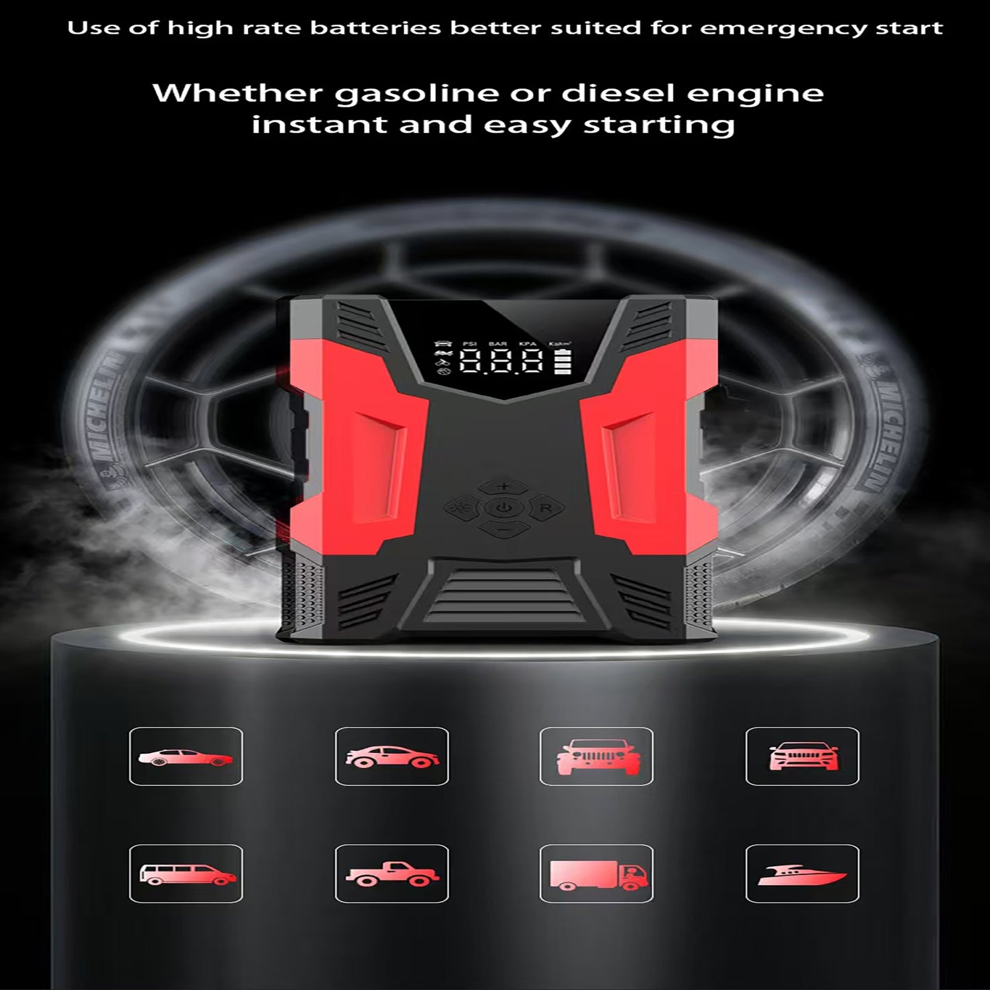 4in1 Multi-functional Car Emergency Jump Starter  12V High-Power Automotive Battery Emergency Jump Starter With Air Compressor Air Pump, Black And Red