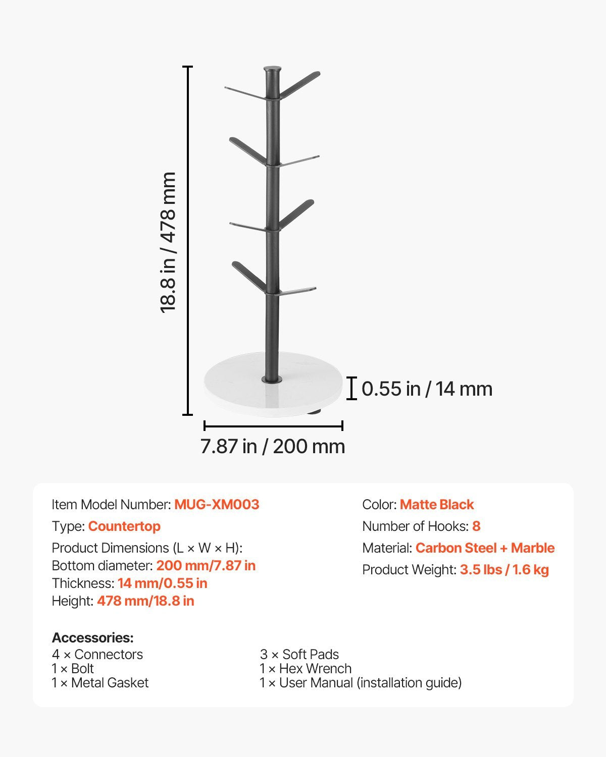 Mug Holder Tree With Marble Base 8 Hooks Cup Rack Stand For Counter Kitchen Home