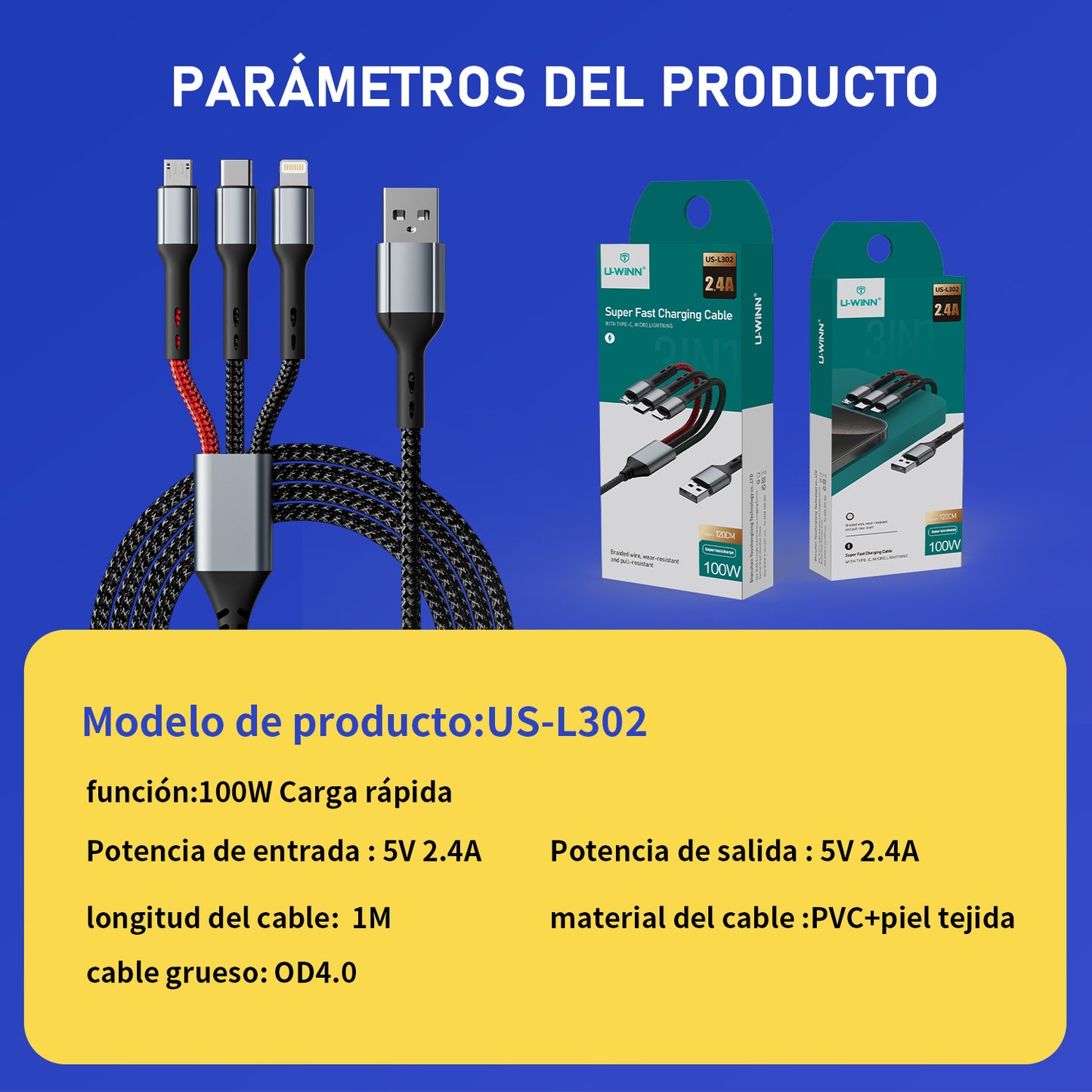 5pzs Cable 3 En 1 Nailon Trenzado Negro 1m Cable Carga Rapida Para Android Phone 16 15 Pro Xiaomi Redmi Note 14 13 40 X7b X6a