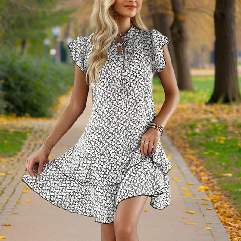 Women's Solid Color Print V-Neck Short Sleeve Dress - Summer Comfort Lace Trim Dress With Tie Detail