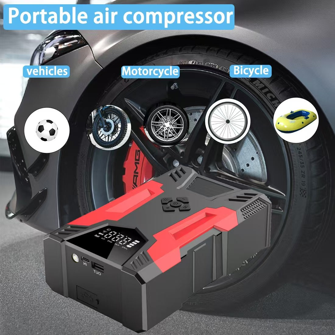 4in1 Multi-functional Car Emergency Jump Starter  12V High-Power Automotive Battery Emergency Jump Starter With Air Compressor Air Pump, Black And Red