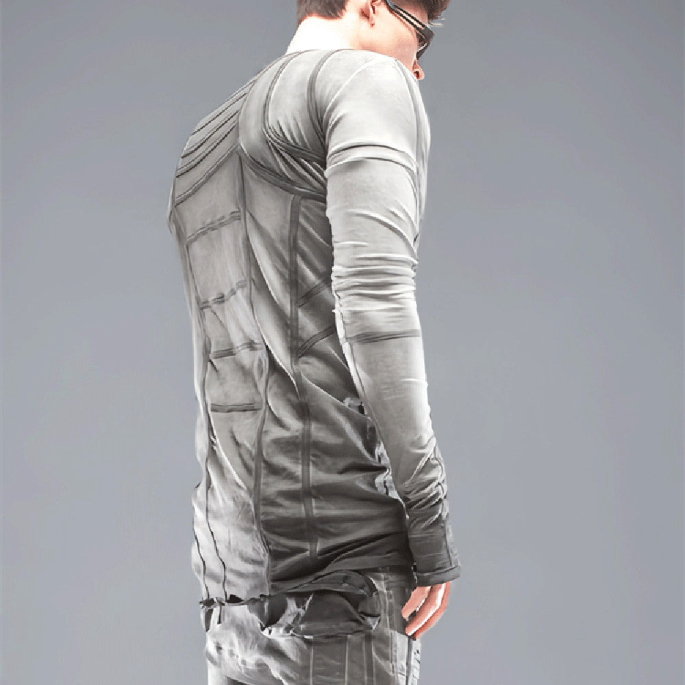 Waste Soil Geometric Layering Deconstruction Asymmetric Dirty Dyed Tie-dyed Slim-fit Cotton Long-sleeved T-shirt