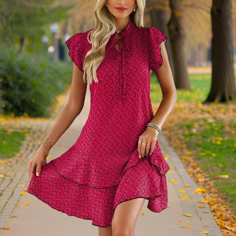 Women's Solid Color Print V-Neck Short Sleeve Dress - Summer Comfort Lace Trim Dress With Tie Detail