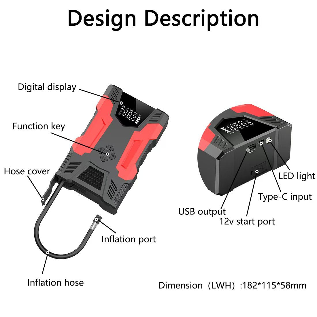 4in1 Multi-functional Car Emergency Jump Starter  12V High-Power Automotive Battery Emergency Jump Starter With Air Compressor Air Pump, Black And Red