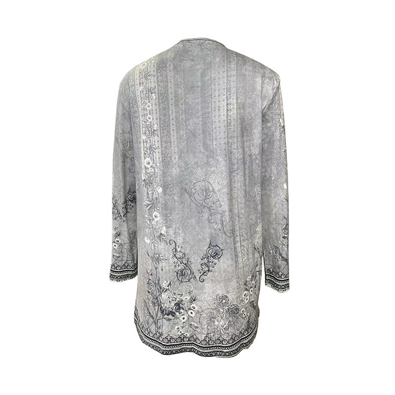 Women's Botanical Print Long Sleeve Cardigan - Asymmetrical Hem Open Front Casual Top