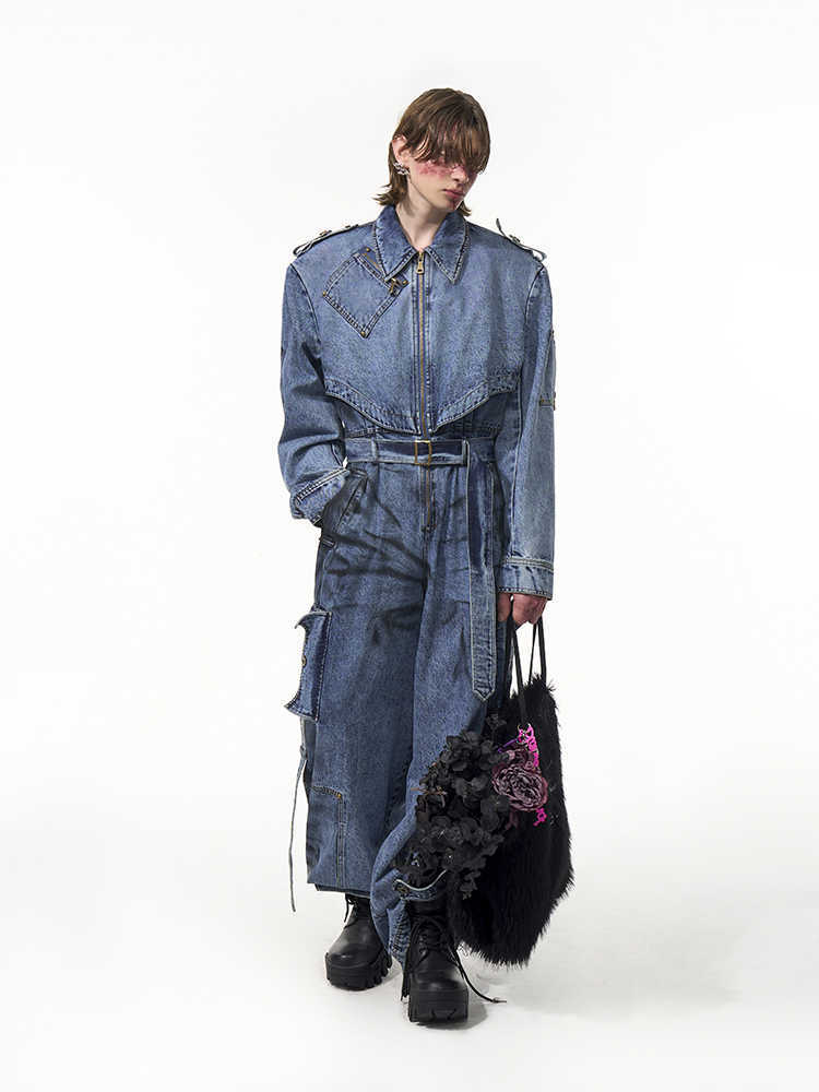 Dirty Dyed Denim Jumpsuit Men's Washed Blue Zipper Jeans