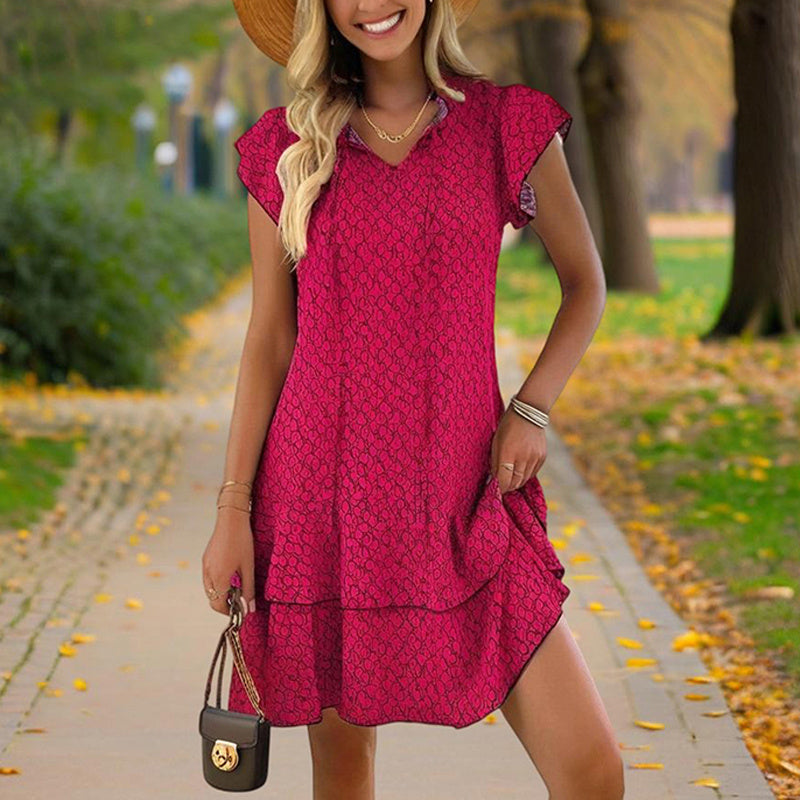 Women's Solid Color Print V-Neck Short Sleeve Dress - Summer Comfort Lace Trim Dress With Tie Detail