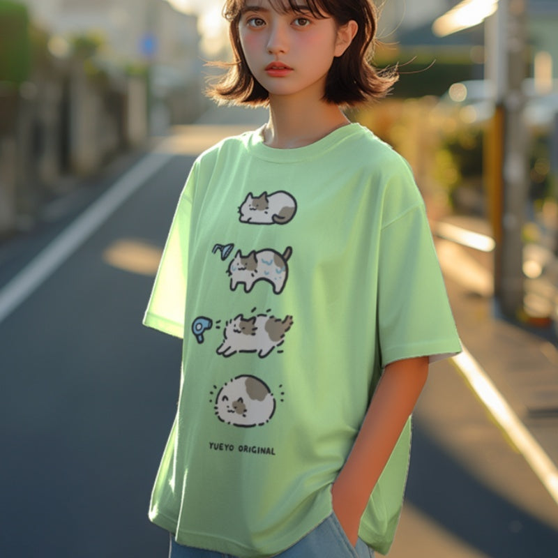 Bath Cat Cute Cartoon Short Sleeve T-shirt Men's Casual Loose