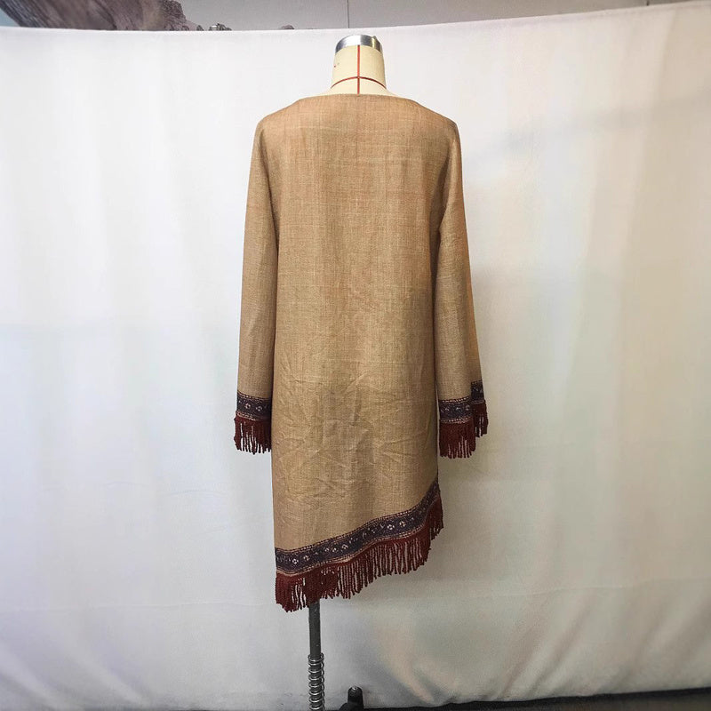 Women's V-Neck Retro Print Long Sleeve With Fringe Detail & Asymmetrical Hem Boho Chic Spring&Summer Dress