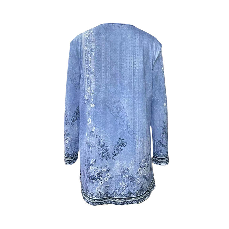 Women's Botanical Print Long Sleeve Cardigan - Asymmetrical Hem Open Front Casual Top