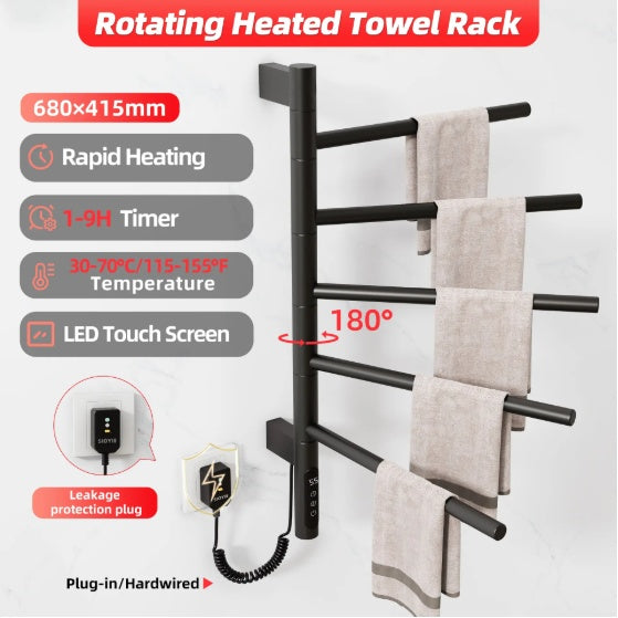 SIOYIE Electric Towel Warmer  Rotating Heated Towel Rack With 1 9H Timer  85W Wall Mounted 5 Bars Electric Towel Rail Concealed Installation Towel Warmer For Bathroom Black