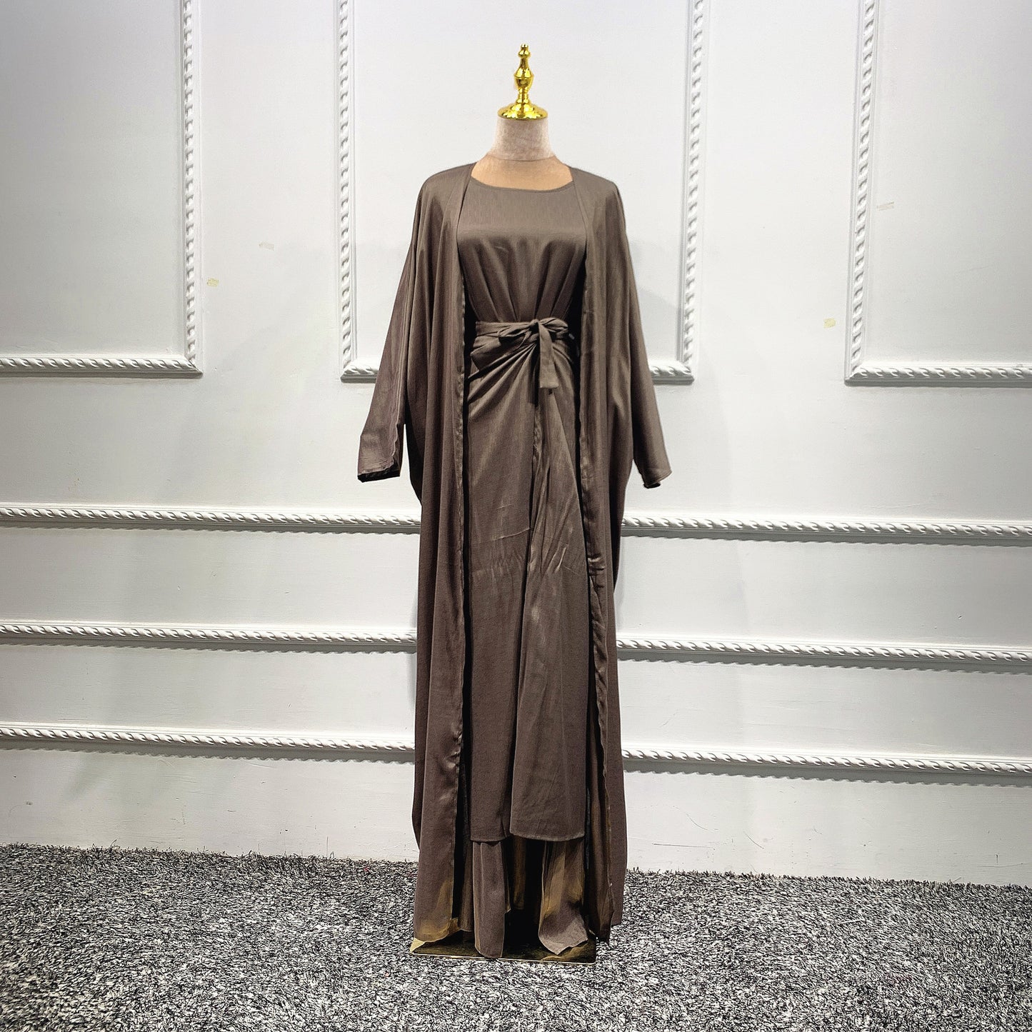 Muslim Women's Wear Gown Cardigan Robe Solid Color Three-piece Set