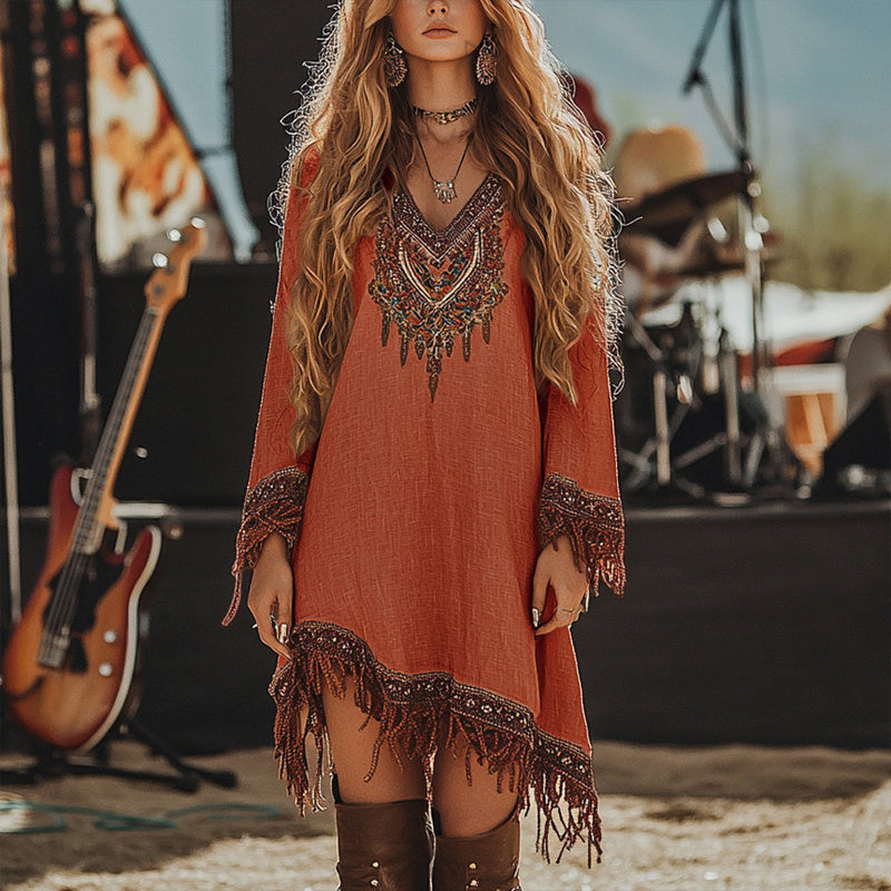 Women's V-Neck Retro Print Long Sleeve With Fringe Detail & Asymmetrical Hem Boho Chic Spring&Summer Dress