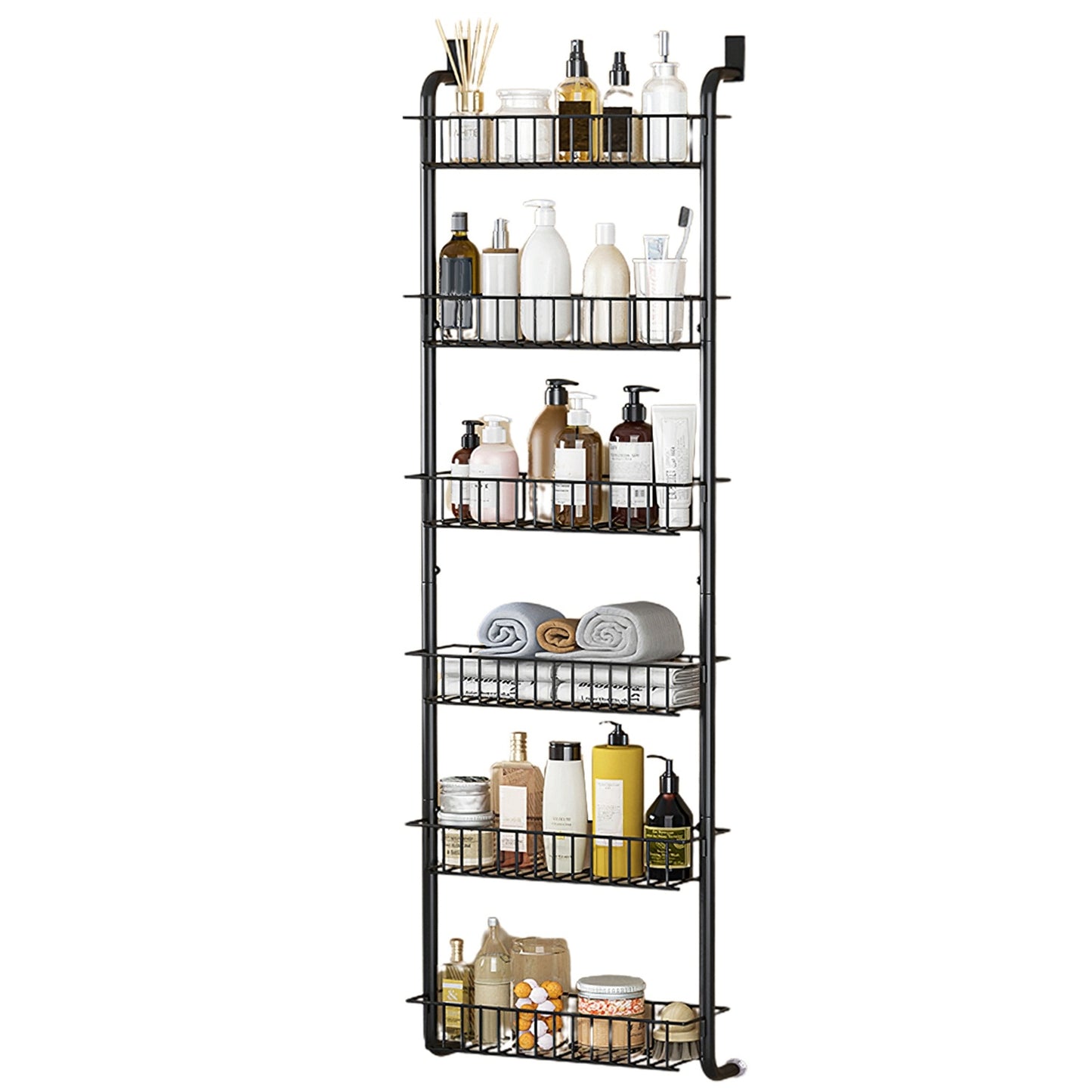 1Pc 6 Tier Over Door Pantry Organizer Hanging Hooks Door Storage Rack Carbon Steel Basket 62.99in Over Door Shelf For Kitchen Bathroom