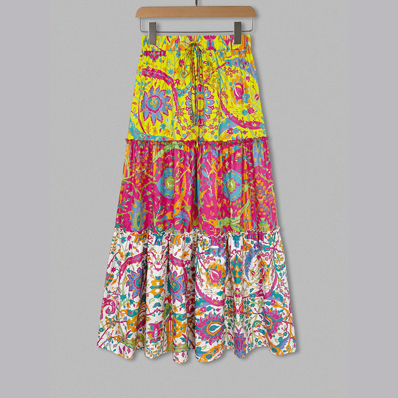 Women's Color Block Floral Print Maxi Skirt With Elastic Drawstring Waist - Bohemian Beach Skirt For Spring&Summer Vacation