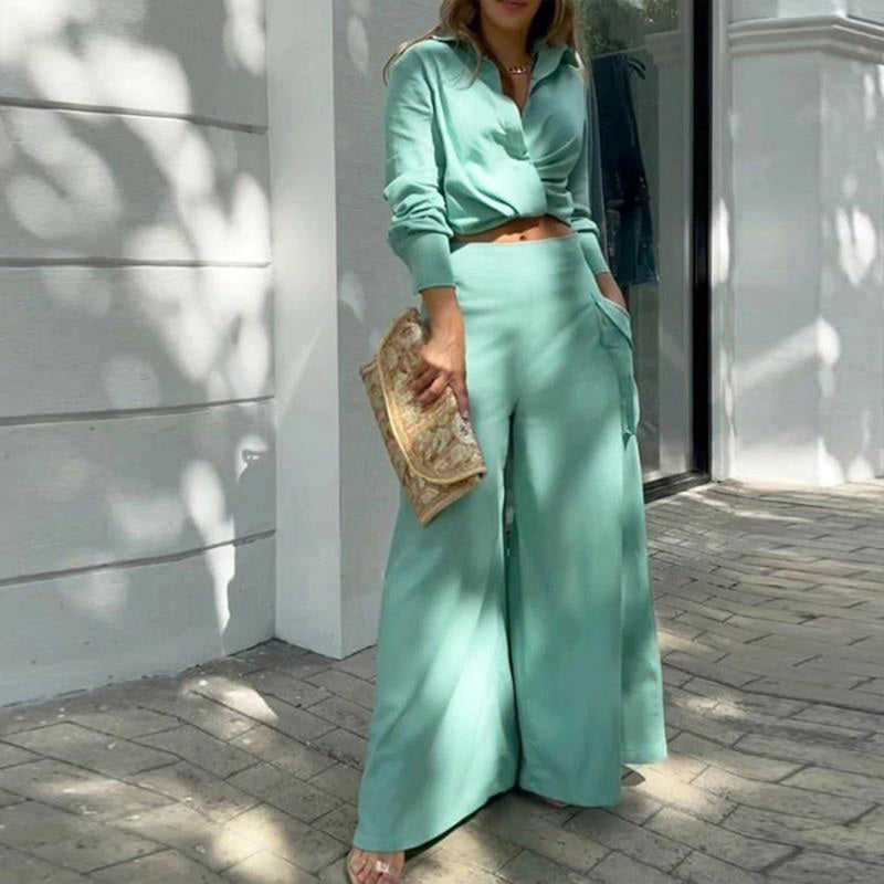 Women's Plus Size Elegant Pant Set - Crisscross Detail Top & Wide Leg Pants With Pockets Office & Casual Outfit