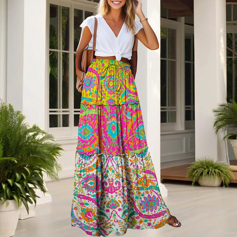 Women's Color Block Floral Print Maxi Skirt With Elastic Drawstring Waist - Bohemian Beach Skirt For Spring&Summer Vacation