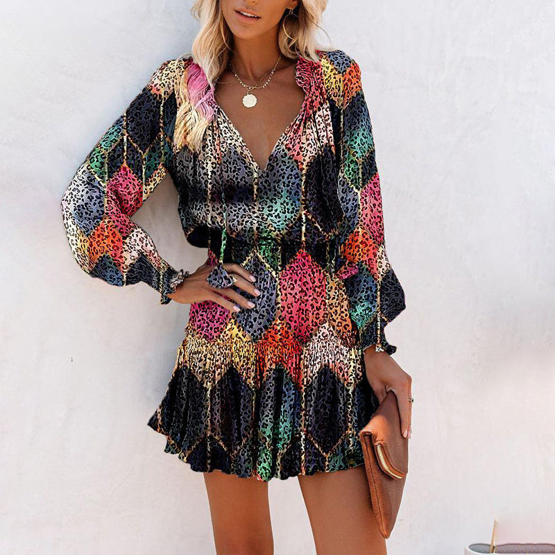 Women's Bohemian Print V-Neck Long Sleeve Dress - Flowy Beach Dress With Elastic Waist