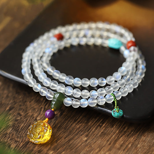 Blue Light Glass Moonstone 108 Prayer Beads Jewelry Women's Beeswax Bracelet