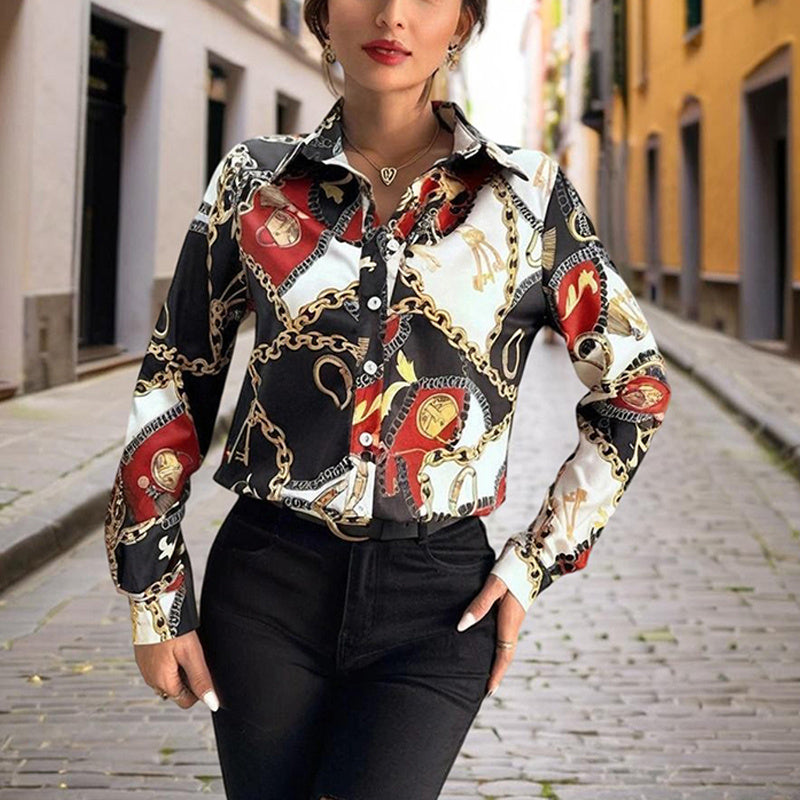 Women's Lapel Long Sleeve Shirt - Fitted Cut Intricate Print Button-Up Design Casual Spring&Fall Wear