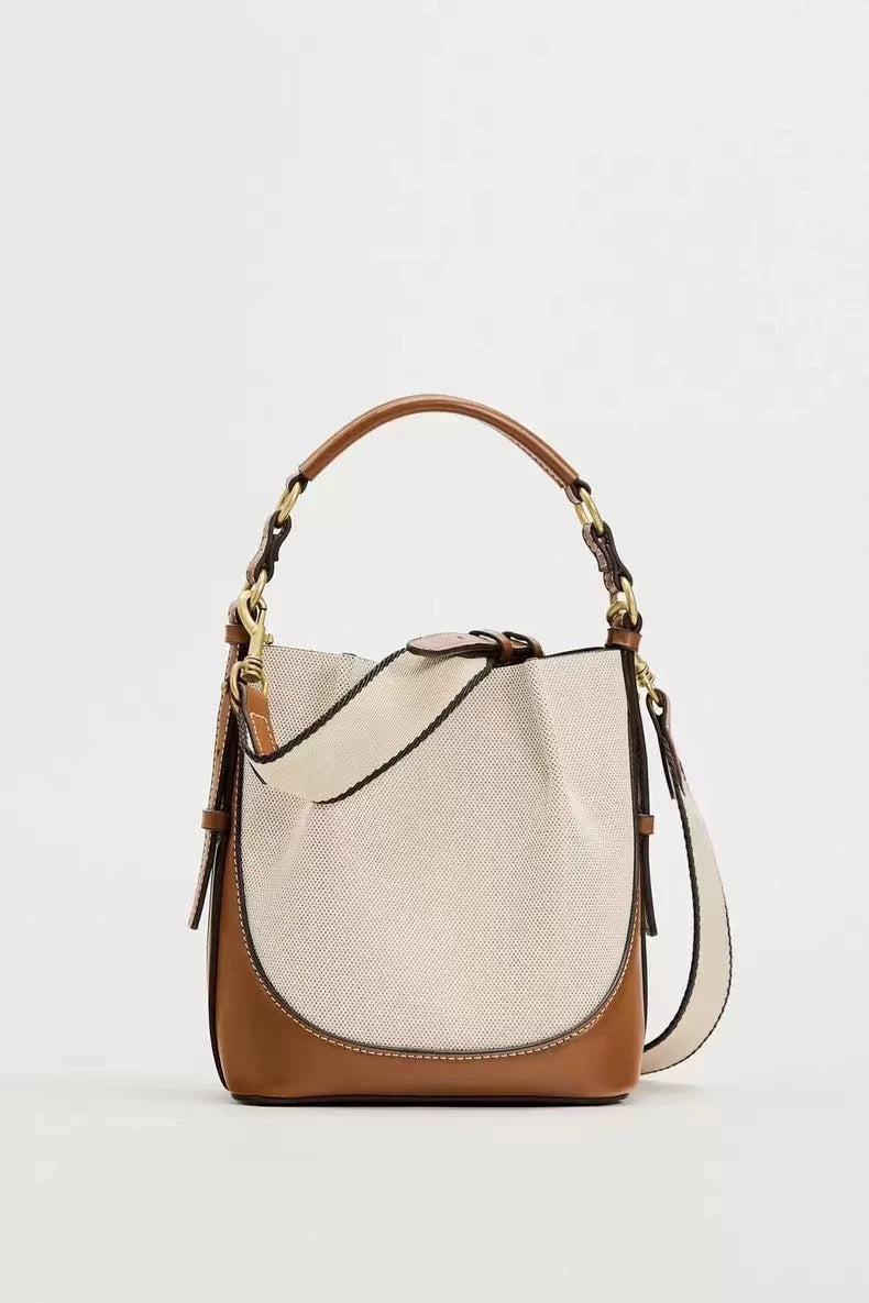 Fashion Drawstring Canvas Contrast Color Casual One-shoulder Bucket Bag