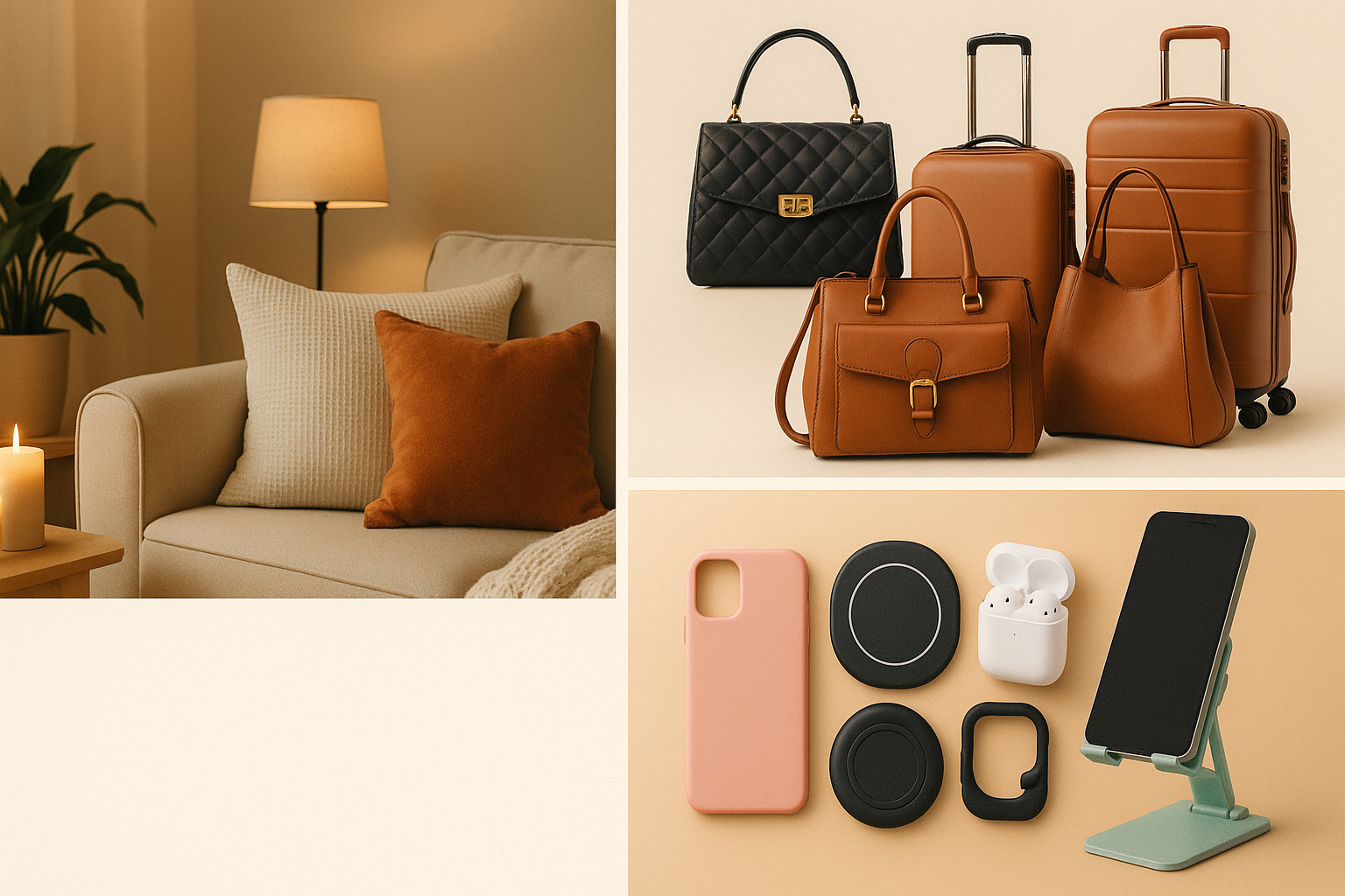 A collage-style banner showing:Left: home décor (e.g., cozy living space)

Right top: handbags / luggage

Right bottom: mobile accessories