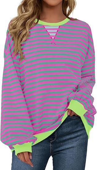 Fisoew Womens Striped Oversized Sweatshirt Color Block Crew Neck Long Sleeve Shirt Casual Loose Pullover Top Y2K Clothes