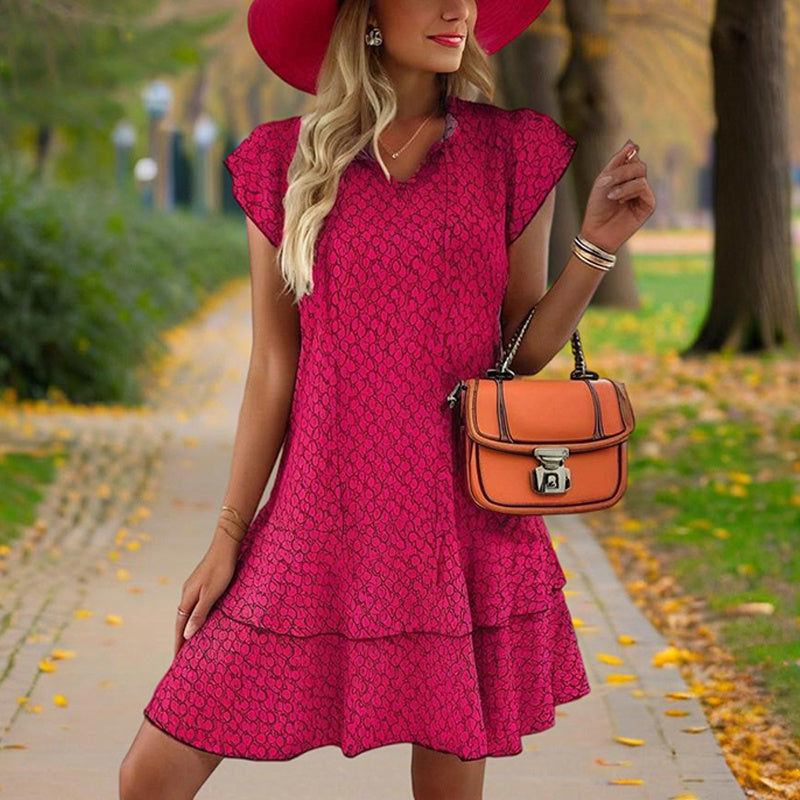 Women's Solid Color Print V-Neck Short Sleeve Dress - Summer Comfort Lace Trim Dress With Tie Detail