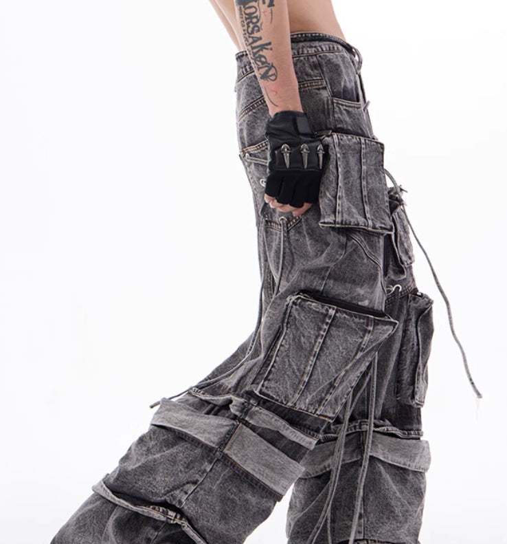 American-style Distressed Overalls Rope Stitching Mop Pants