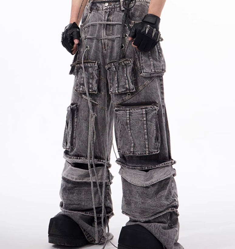 American-style Distressed Overalls Rope Stitching Mop Pants