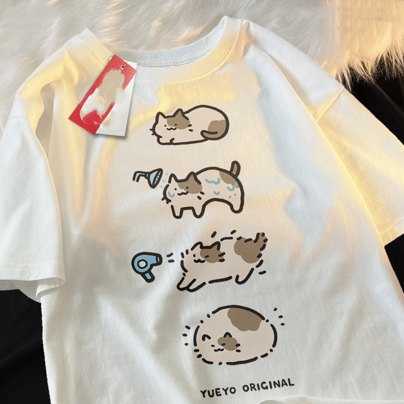 Bath Cat Cute Cartoon Short Sleeve T-shirt Men's Casual Loose