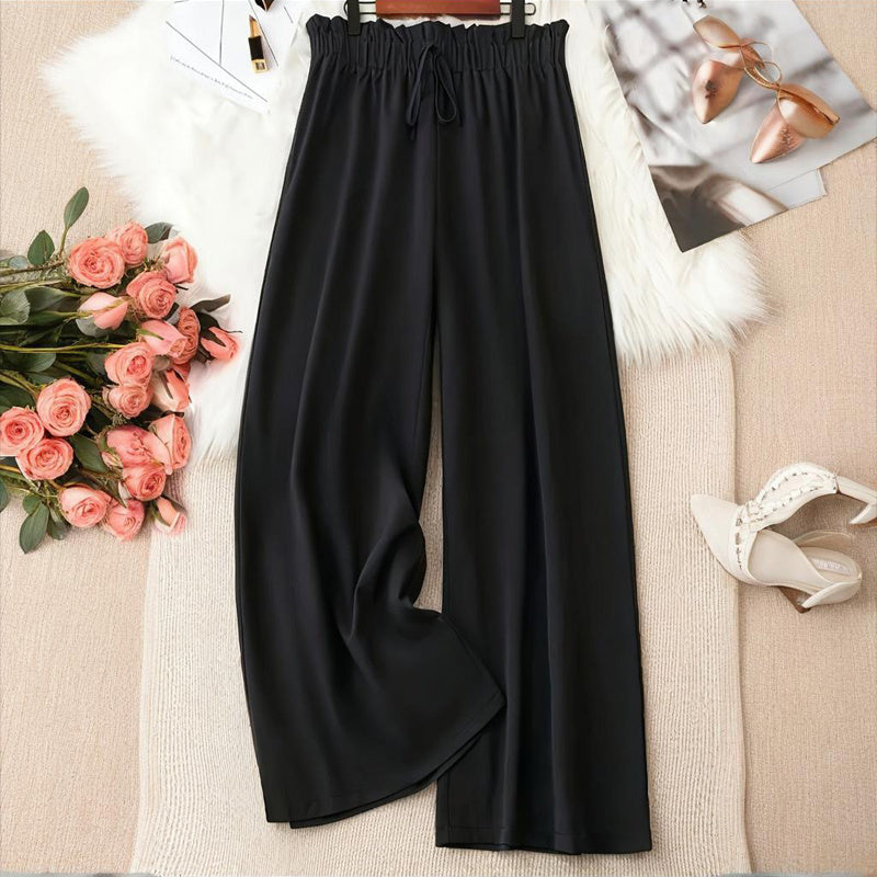 Plus Size Women's Solid Color Wide Leg Pants With Elastic Drawstring Waist - Flowy Casual For Spring&Summer