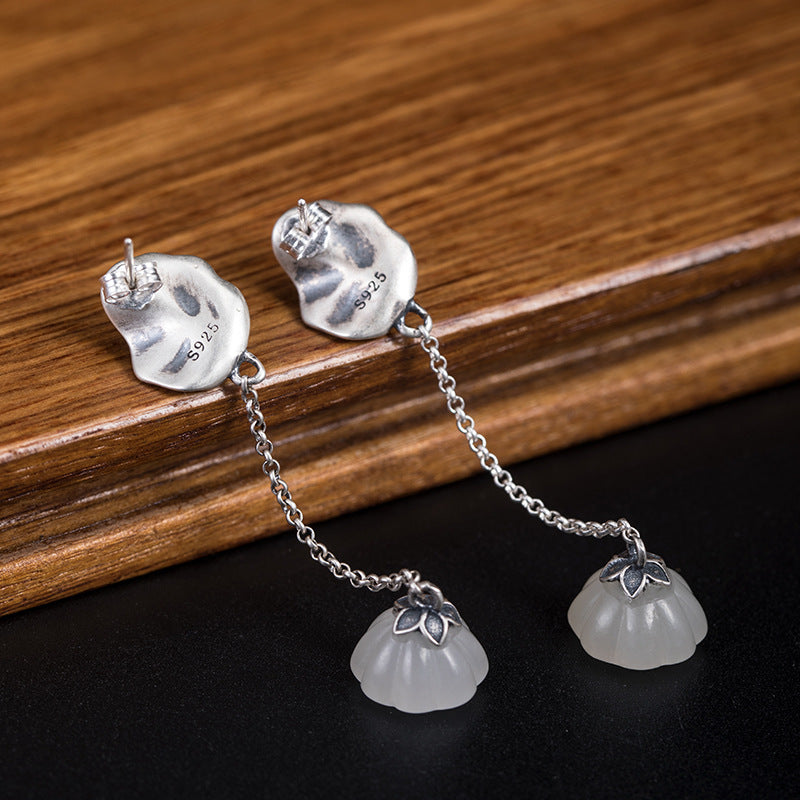 Lotus Leaf Pearl Hetian Jade Lotus Seedpod Earrings Female S925 Silver