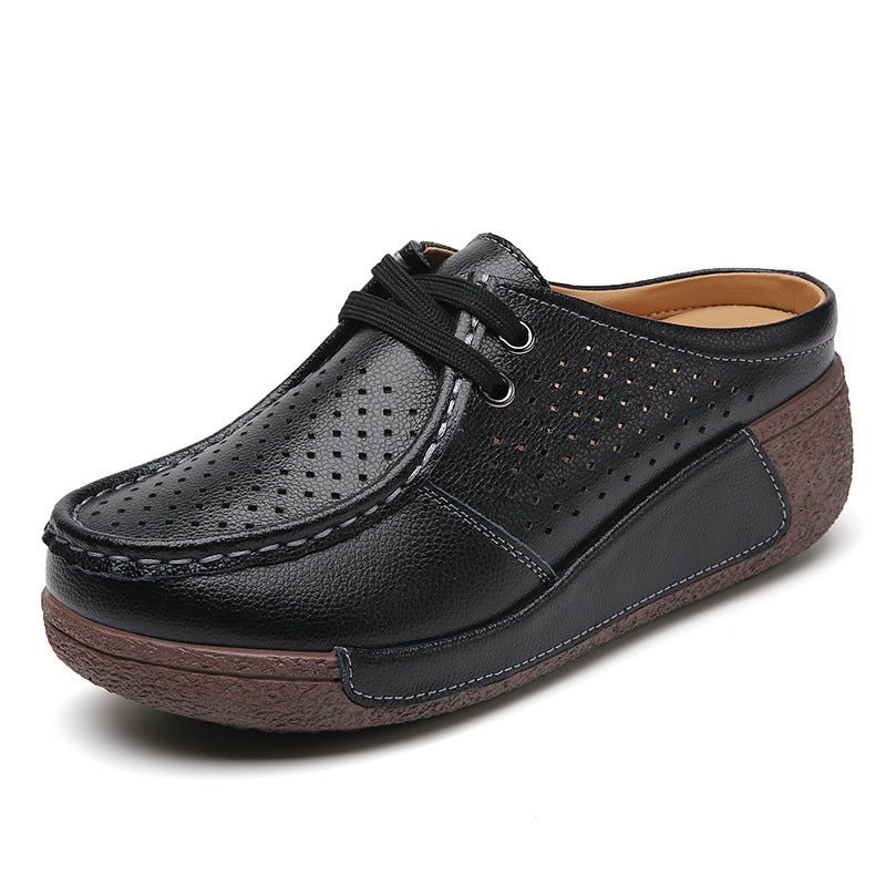 New Plus Size Hollow-out Soft Bottom Wedge Women's Genuine Leather Platform Slippers Summer Outerwear