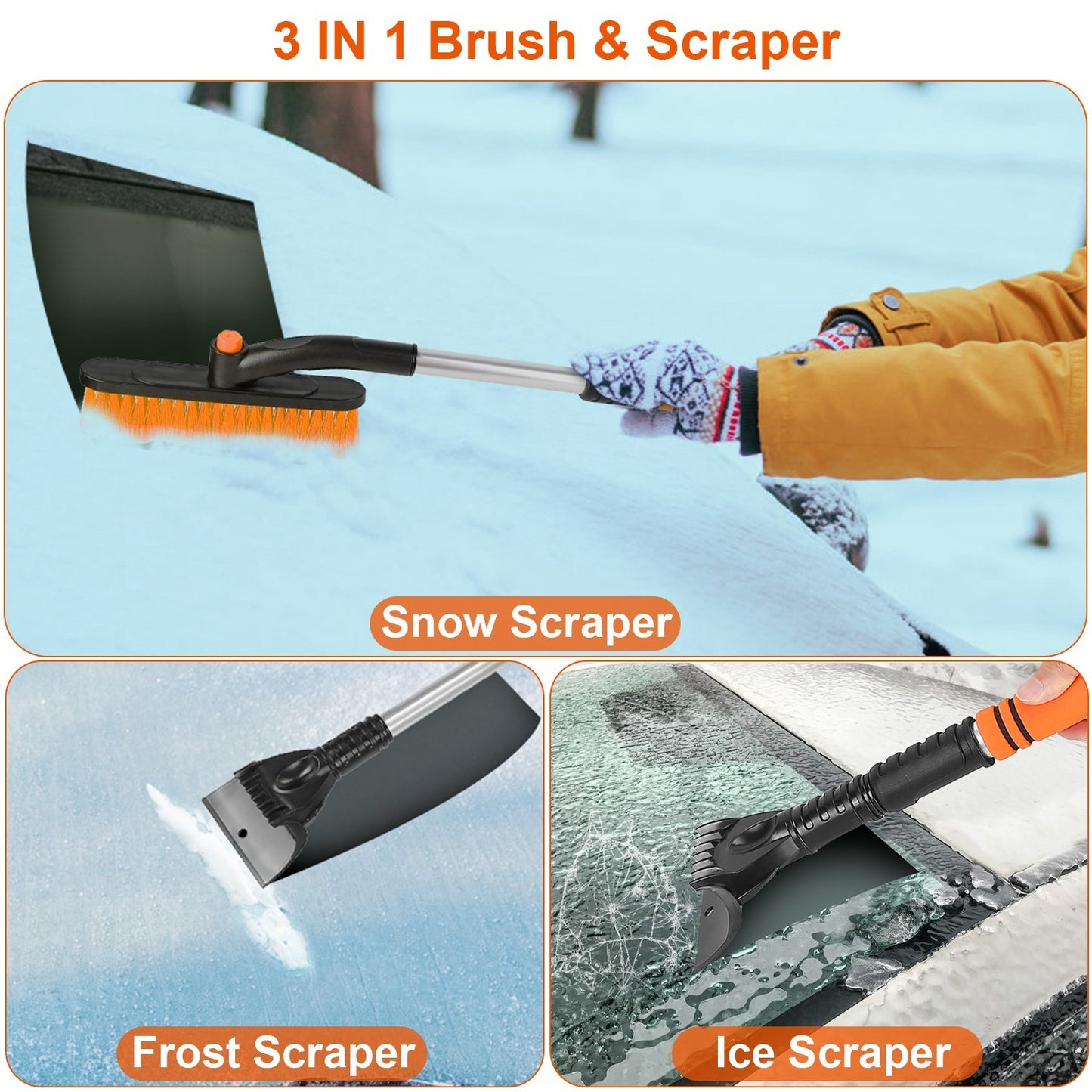 3 Color Options -- 1Pc 3 In 1 Windshield Ice Scraper Extendable Car Snow Removal Tool Telescoping Car Broom Snow Shovel Automobile Frost Removal
