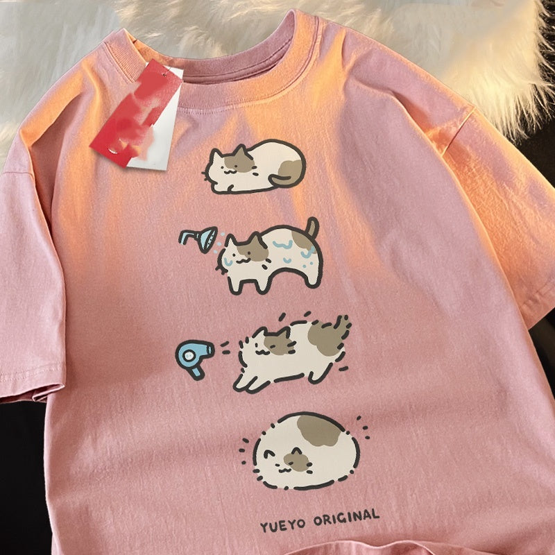 Bath Cat Cute Cartoon Short Sleeve T-shirt Men's Casual Loose