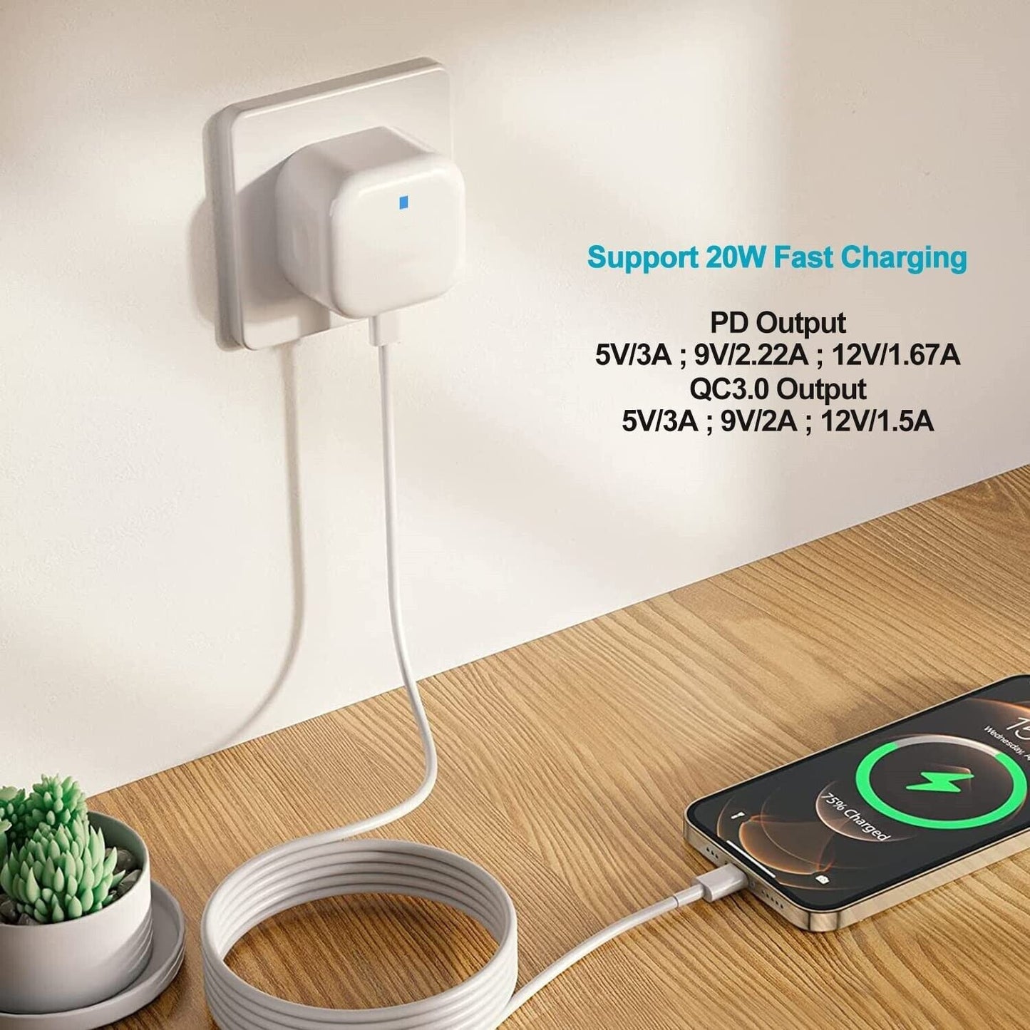 For Phone 16 15 14 Pro Max 16 Plus Fast 20W USB-C PD Plug Charger Adapter Cable