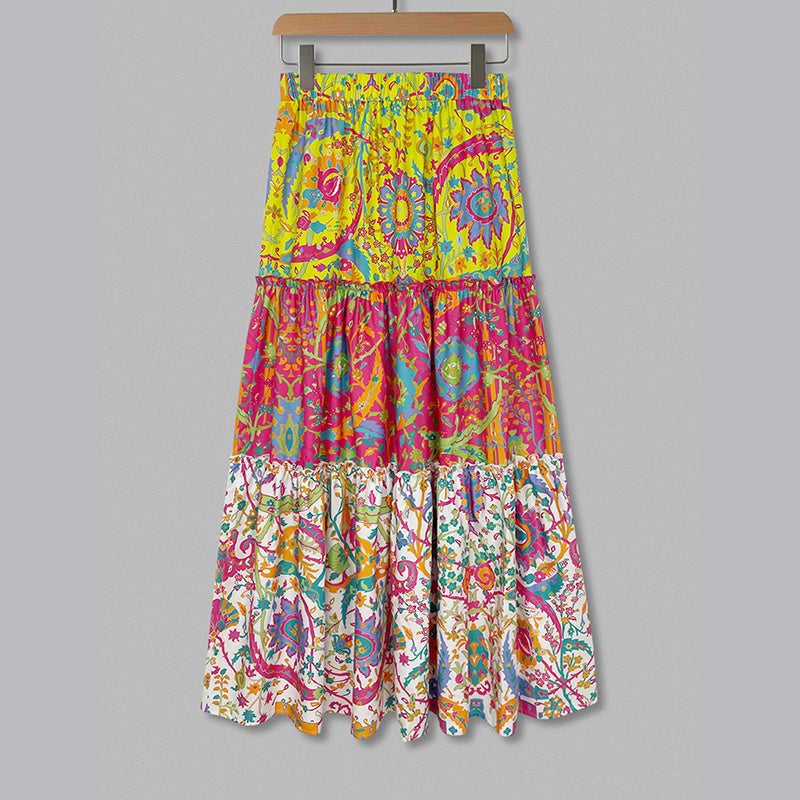 Women's Color Block Floral Print Maxi Skirt With Elastic Drawstring Waist - Bohemian Beach Skirt For Spring&Summer Vacation