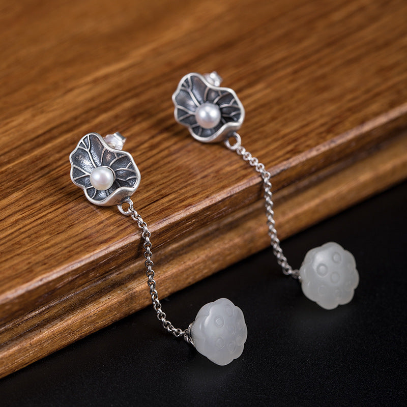 Lotus Leaf Pearl Hetian Jade Lotus Seedpod Earrings Female S925 Silver