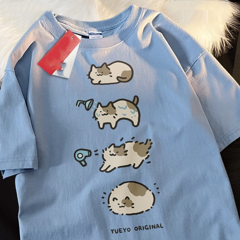 Bath Cat Cute Cartoon Short Sleeve T-shirt Men's Casual Loose