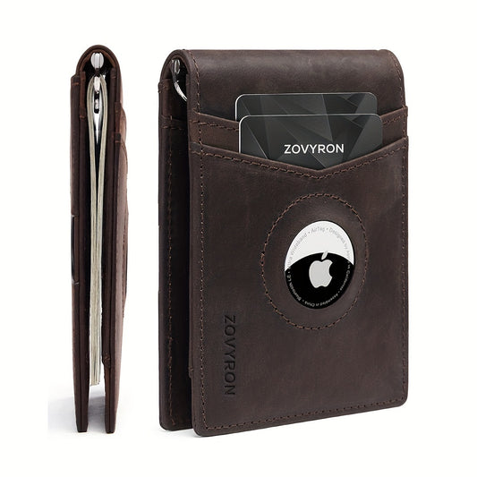 Mens Wallet Genuine Leather Slim Bifold Wallet With Airtag Holder, RFID Blocking, Front Pocket Wallet With Money Clip,ID Window Credit Card Holder