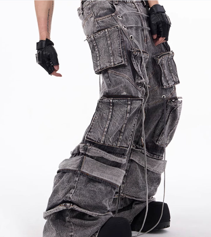 American-style Distressed Overalls Rope Stitching Mop Pants