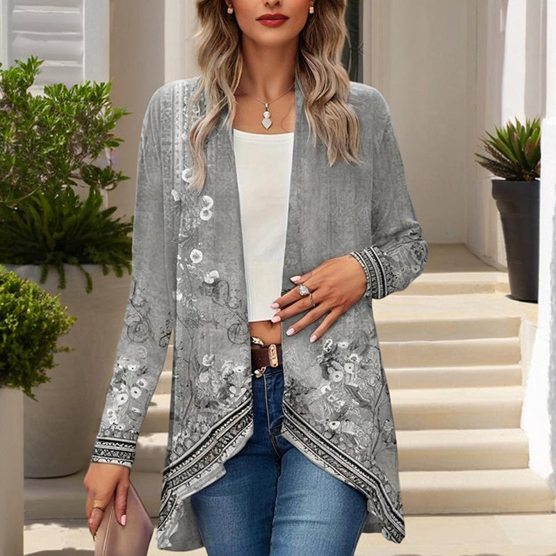 Women's Botanical Print Long Sleeve Cardigan - Asymmetrical Hem Open Front Casual Top